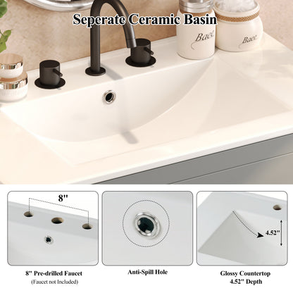 60" Double Sinks Bathroom Vanity Set, Bathroom Cabinet with Two Separate Ceramic Sinks, Full-Extension Drawers & Soft Close Undermount Drawer Slides, Gray image 8