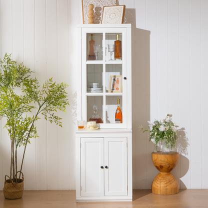 75.25'' Tall Freestanding Pantry Cabinet with Glass Door & Lattice Window, Farmhouse Display Cabinets with Storage, Hutch with Double-Action LH&RH Door, for Hallways, Livingroom Kitchen & Office,White image 1