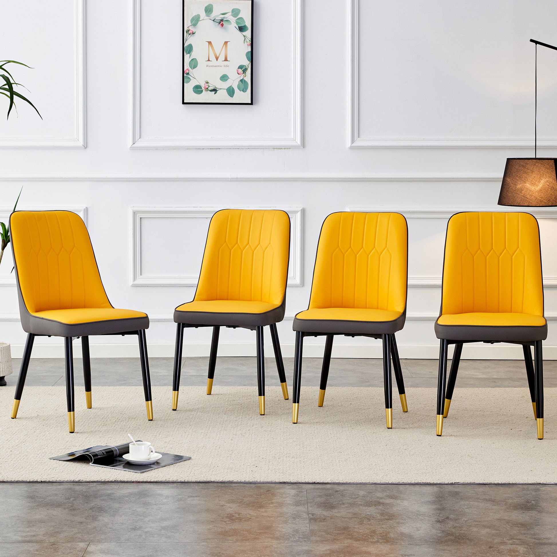 A modern dining chair with orange yellow dark gray dual tone PU leather backrest and black metal legs, suitable for kitchens, bedrooms, and offices. Set of 4 pieces (orange yellow, dark gray+PU)C-007 image 1