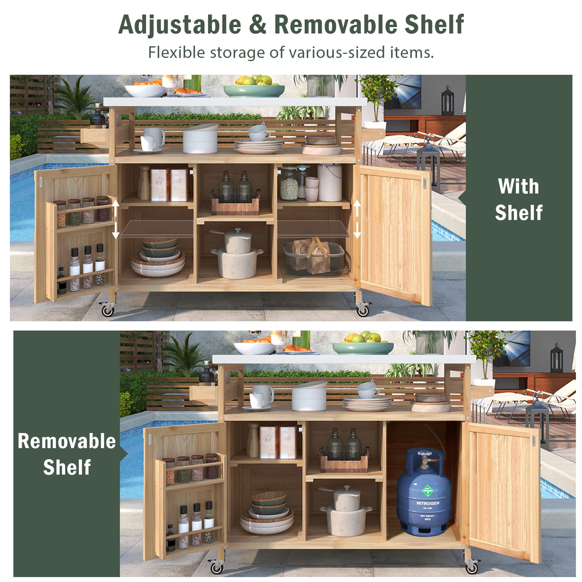 K&K Outdoor Kitchen Island, Rolling Bar Cart & Storage Cabinet, Farmhouse Solid Wood Outdoor Grill Table with Stainless Steel Top, Spice Rack, Towel Rack for Kitchen & BBQ, Natural image 5