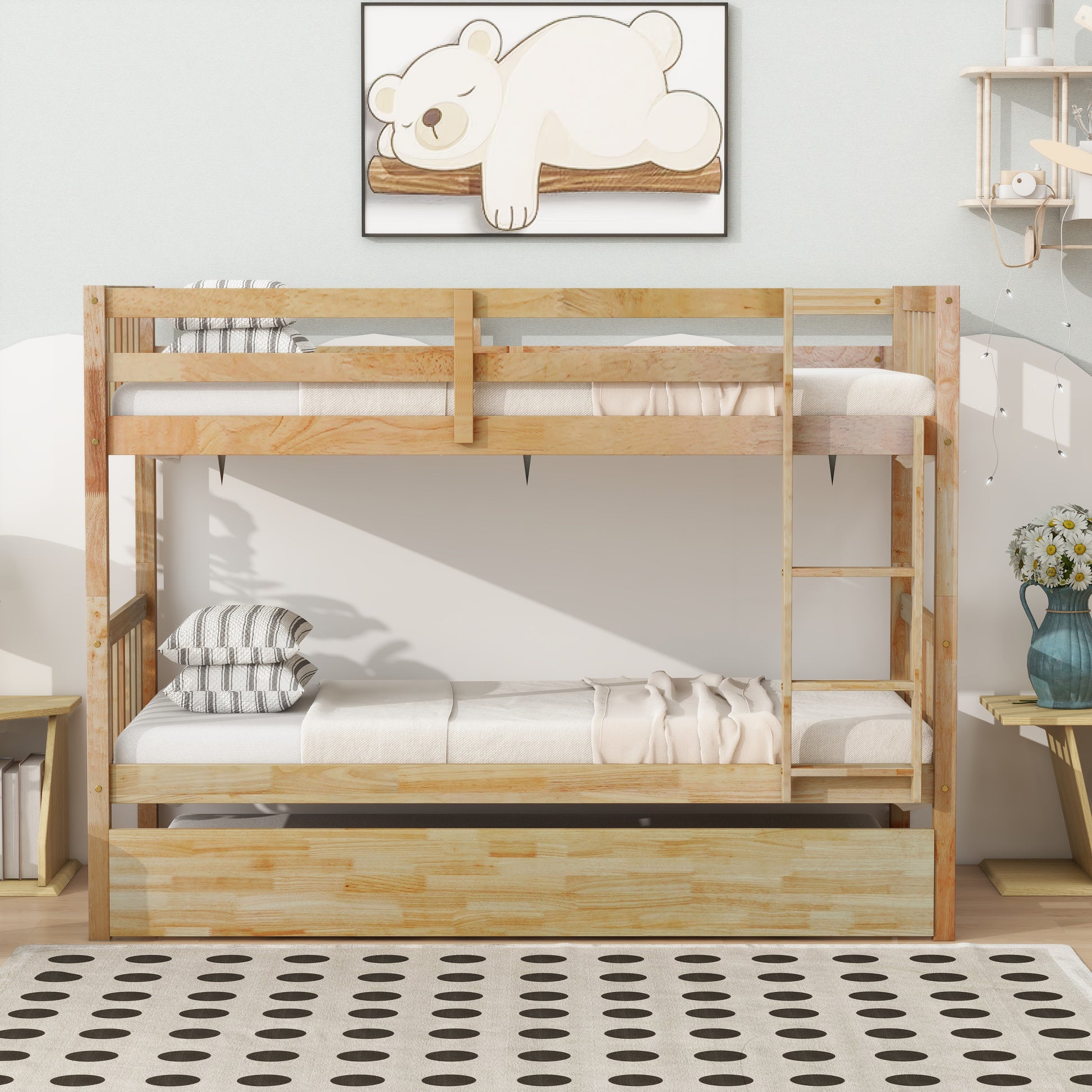 Twin Over Twin Rubber Wood Bunk Bed with Trundle, Convertible into 2 Twin Size Beds, Twin Size Bunk Bed with Ladder and Safety Guardrails,White Oak image 1