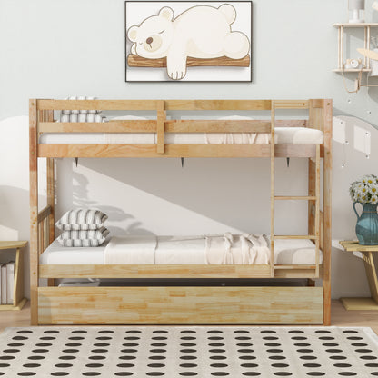 Twin Over Twin Rubber Wood Bunk Bed with Trundle, Convertible into 2 Twin Size Beds, Twin Size Bunk Bed with Ladder and Safety Guardrails,White Oak image 1