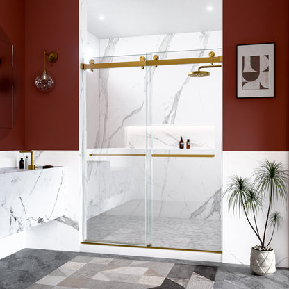 56"-60"W x 80"H Frameless Double Sliding Shower Door, 3/8 inches (10mm) Thick SGCC Tempered Glass Door, Brushed Gold image 3