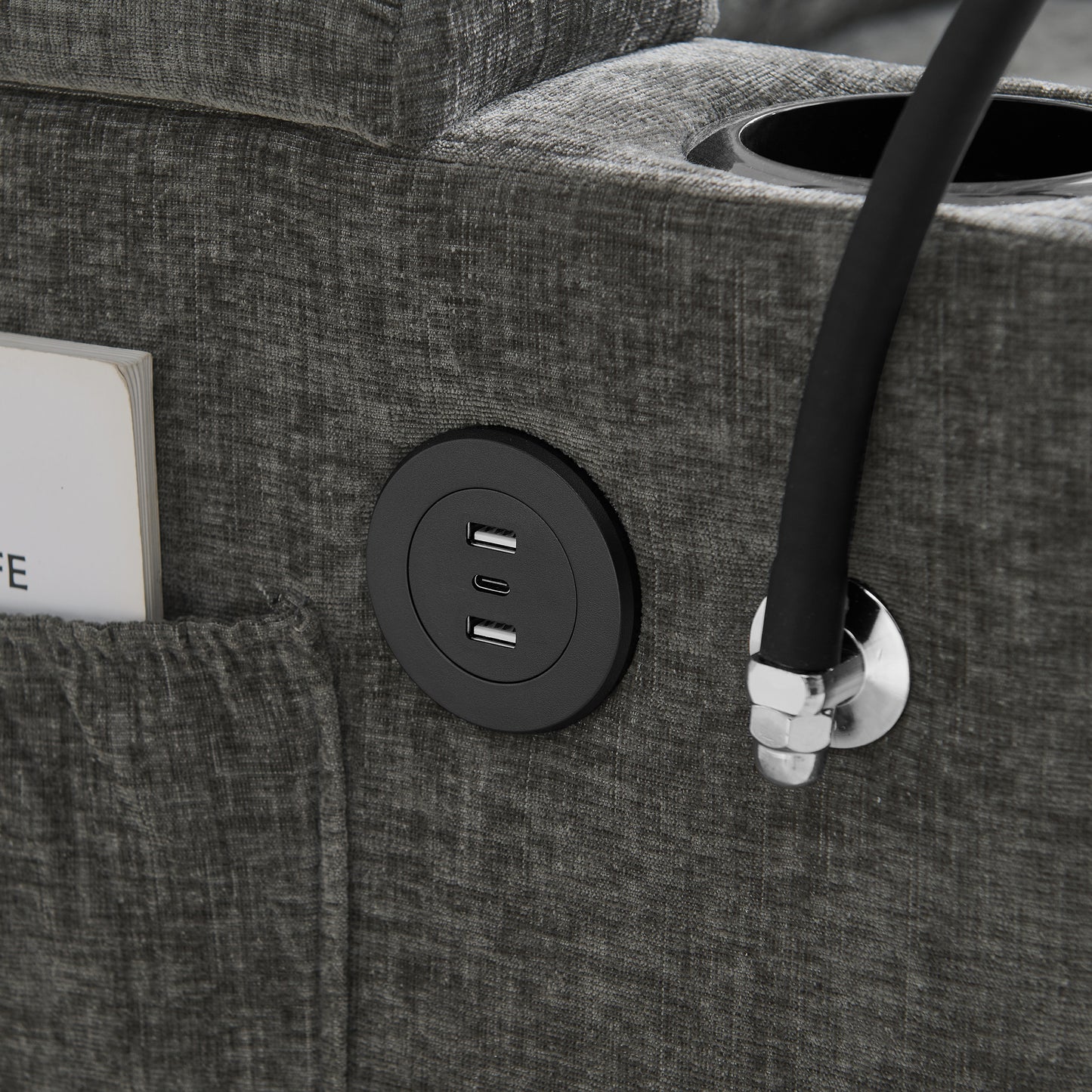 Single sofa recliner with manually adjustable backrest, USB charging port on the armrest side, phone stand included, hidden armrest storage, and a matching storage ottoman-Gray image 9