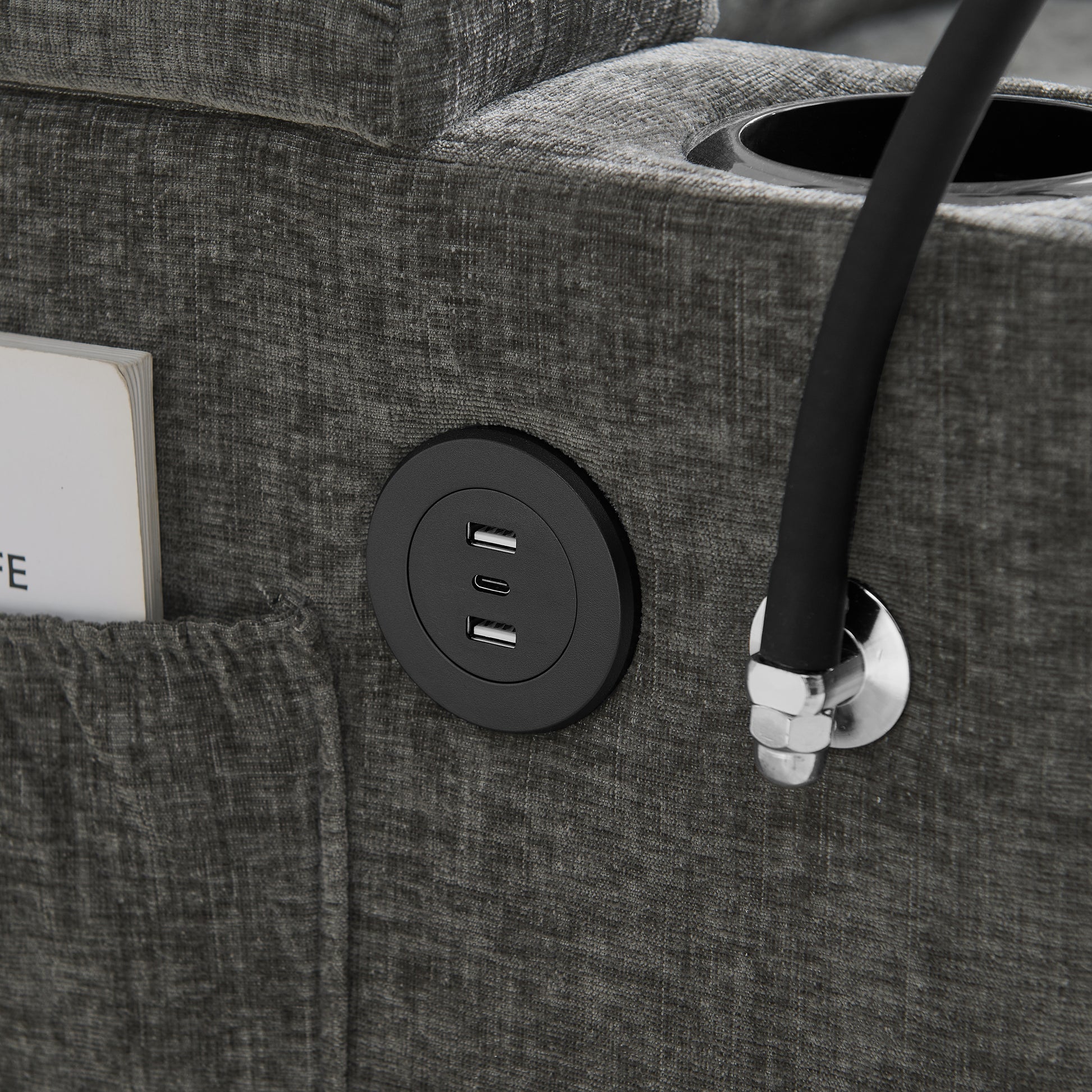 Single sofa recliner with manually adjustable backrest, USB charging port on the armrest side, phone stand included, hidden armrest storage, and a matching storage ottoman-Gray image 9