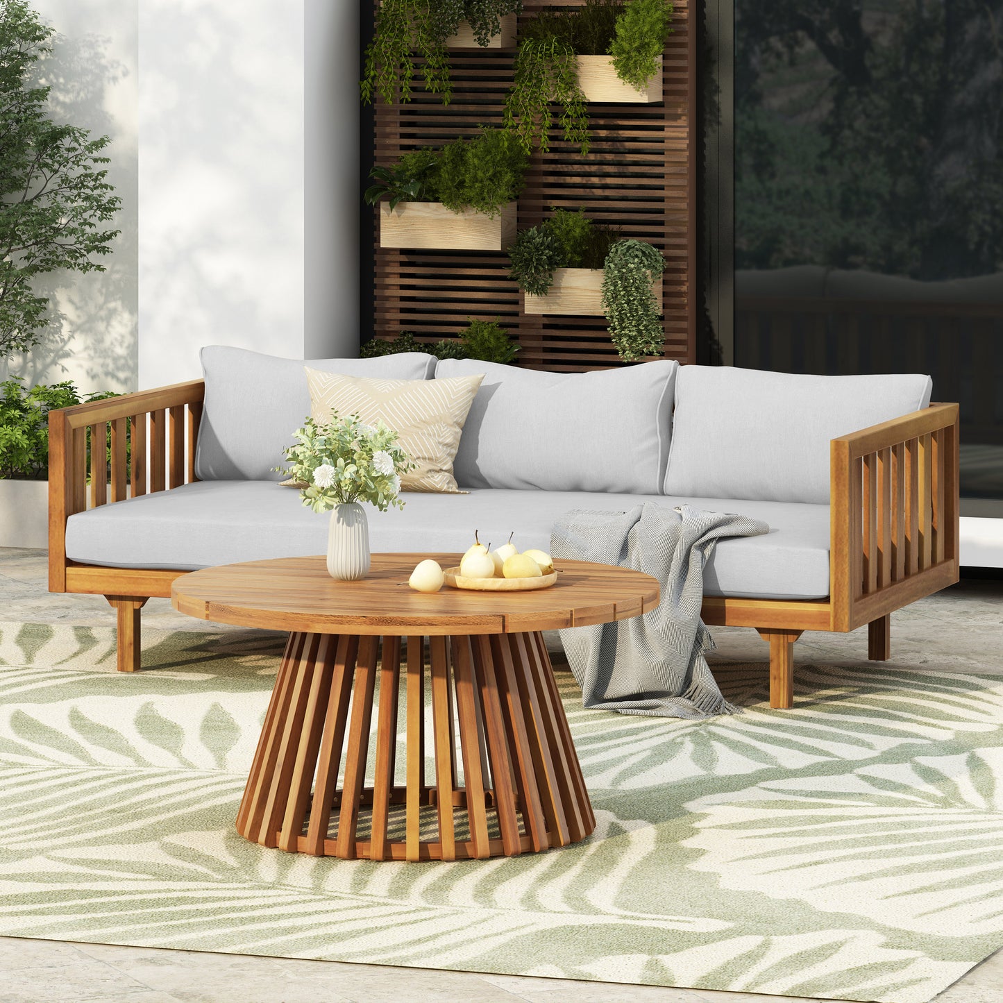 Acacia Wood Patio Furniture Set,Outdoor 3 Seater Daybed(with Water Resistant Thick Cushions)and Round Coffee Table, Light Gray Cushion image 4