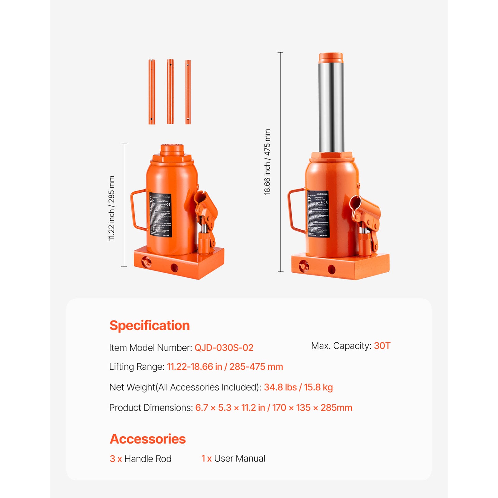 Hydraulic Bottle Jack 30 Ton Manual High Lift Automotive Car Repair Shop image 5