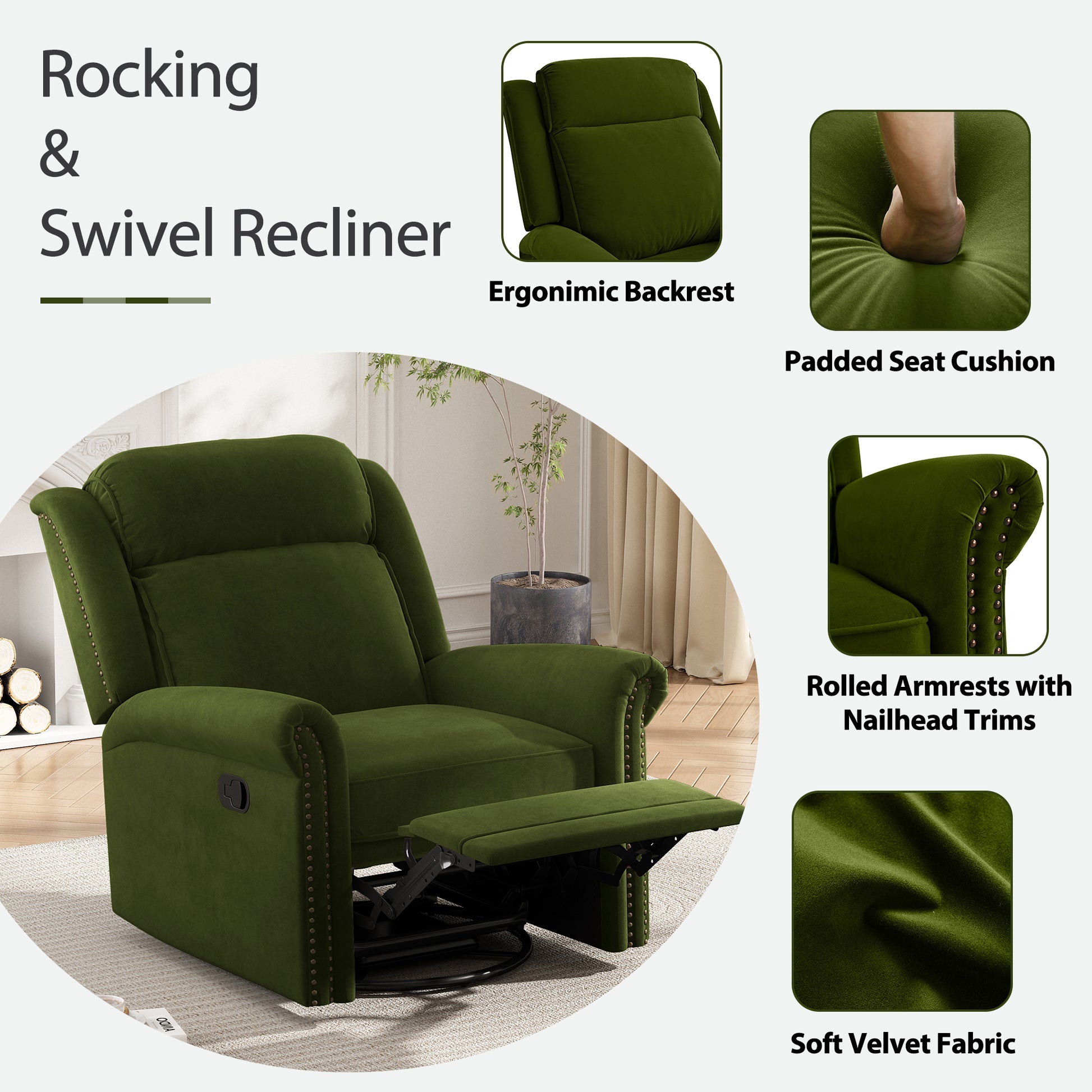 360° Swivel Recliner Manual Rocking Recliner Home Theater Manual Recliner Chair Nursery Rocker with Adjustable Backrest for Living Room, Green image 12
