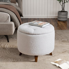 Round Ottoman storage stool with Cover Lid,Decorate the living room and bedroom with round teddy fleece storage Ottoman (White)