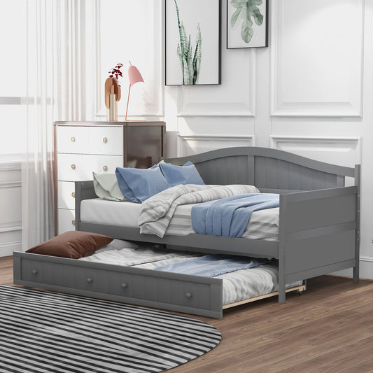 Twin Wooden Daybed with Trundle Bed - Gray - Front View