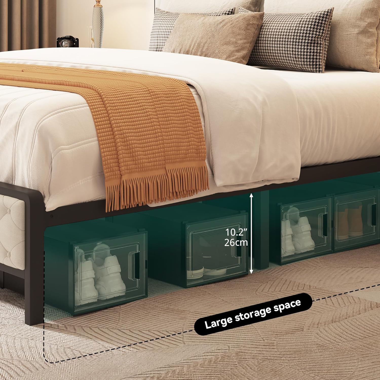 Queen Size Bed Frame, Platform Bed Frame with Charging Station, Upholstered Storage Headboard & Footboard Metal Slats Supports Mattress Foundation, No Box Spring Needed, Beige(No Drawers) image 6