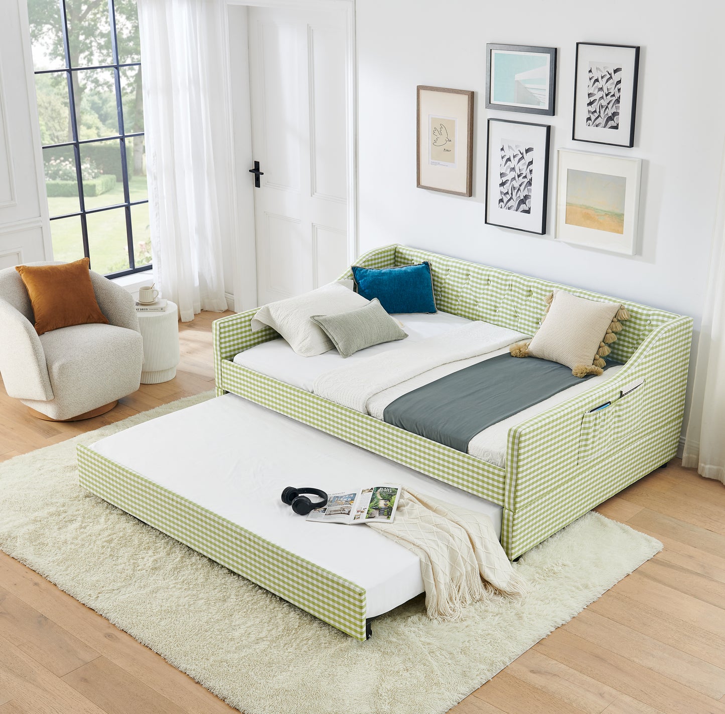 Full‑Size Daybed,Upholstered Convertible Daybed with Tufted Button Backrest, 3‑in‑1 Versatile Sofa Bed with Pull‑Out Trundle & Side Storage, Perfect for Compact Living-Green image 1