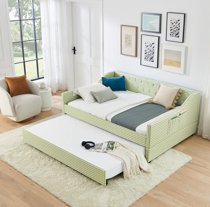Full‑Size Daybed,Upholstered Convertible Daybed with Tufted Button Backrest, 3‑in‑1 Versatile Sofa Bed with Pull‑Out Trundle & Side Storage, Perfect for Compact Living-Green image 1