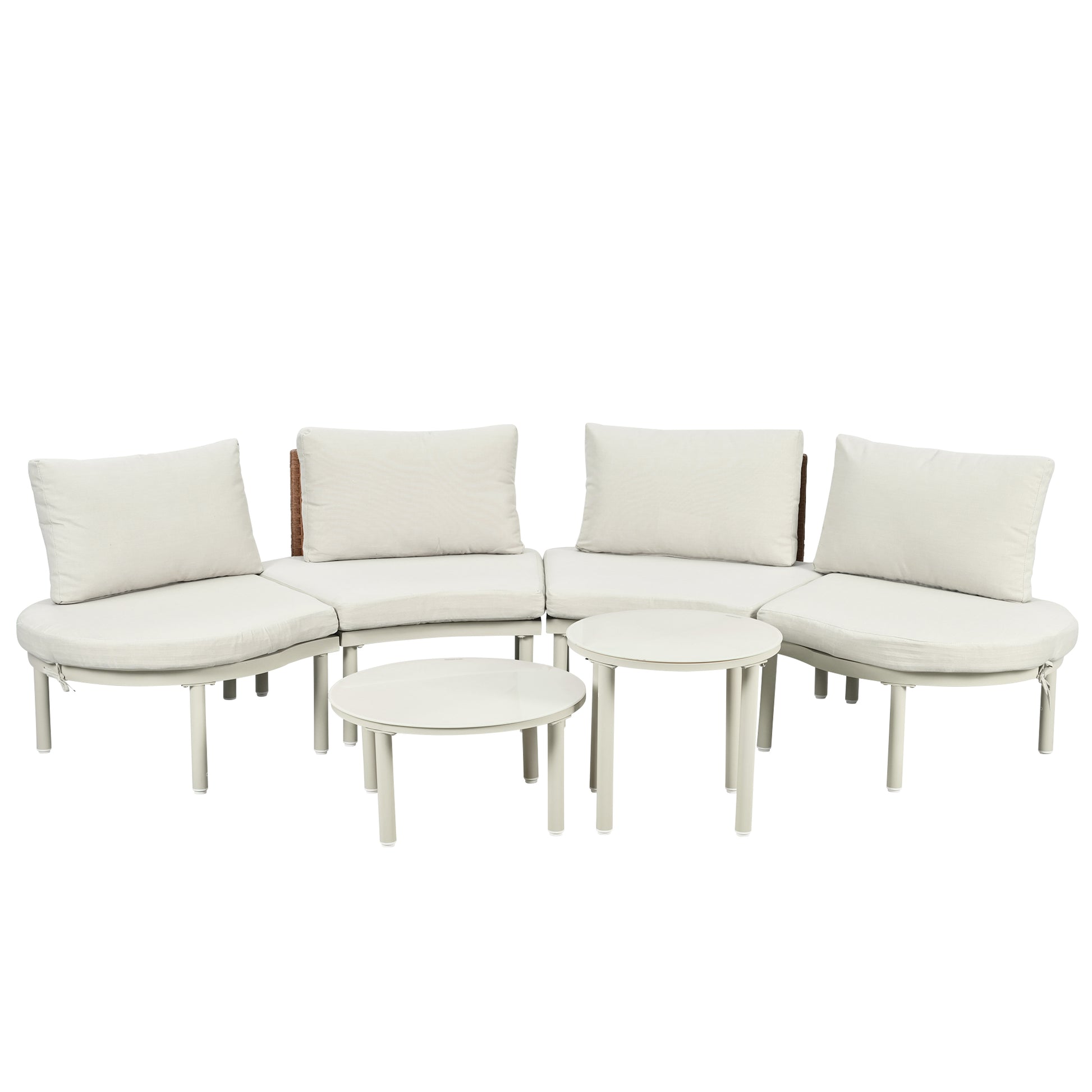 TOPMAX 6-Piece Patio Sofa Furniture Set, Half Moon Outdoor Sectional Sofa with 2 High-Low Coffee Tables, PE Wicker Rattan, Tempered Glass, 4 Pillows & Cushions, for Backyard, Garden, Poolside,Beige image 11