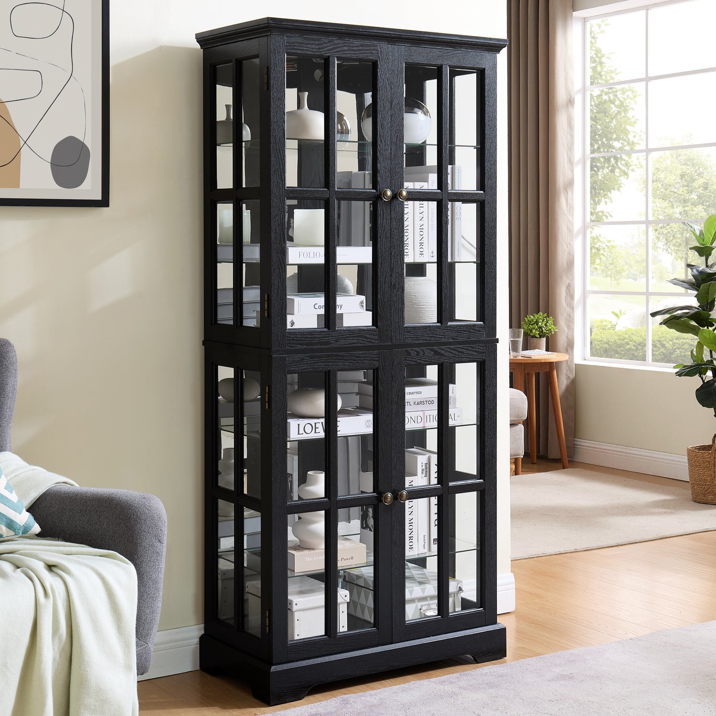 Black Glass Cabinet with E26 Bulb - Illuminated