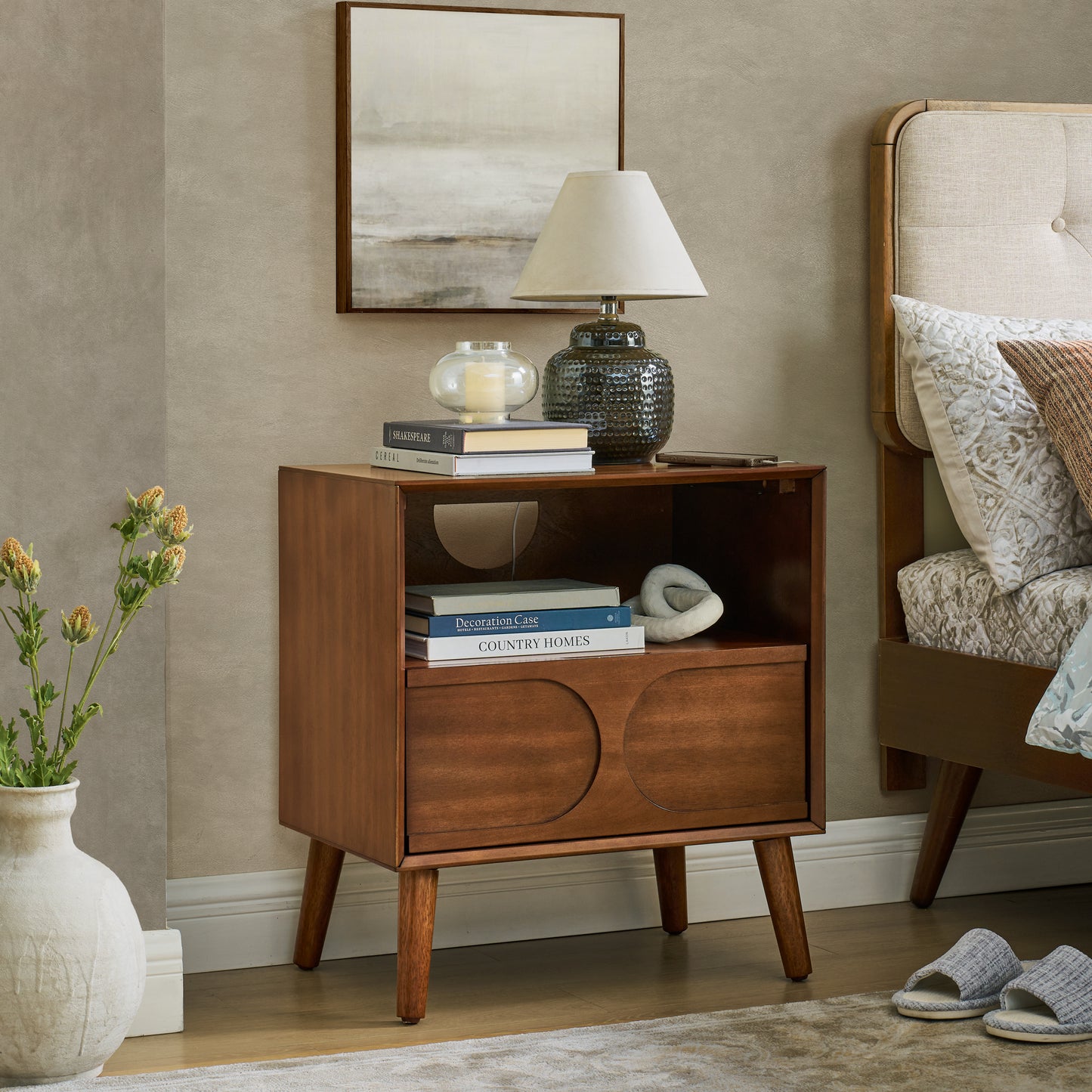 Mid Century Modern Fluted Nightstand with Charging Station USB Ports & Outlet Hole & 4 Solid Wood Legs, Farmhouse End Table with Open Space and Drawer Dresser, Walnut image 1