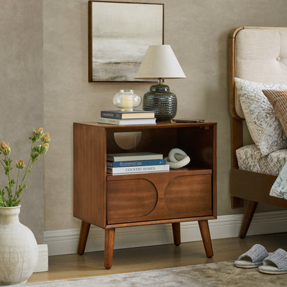 Mid Century Modern Fluted Nightstand with Charging Station USB Ports & Outlet Hole & 4 Solid Wood Legs, Farmhouse End Table with Open Space and Drawer Dresser, Walnut image 1