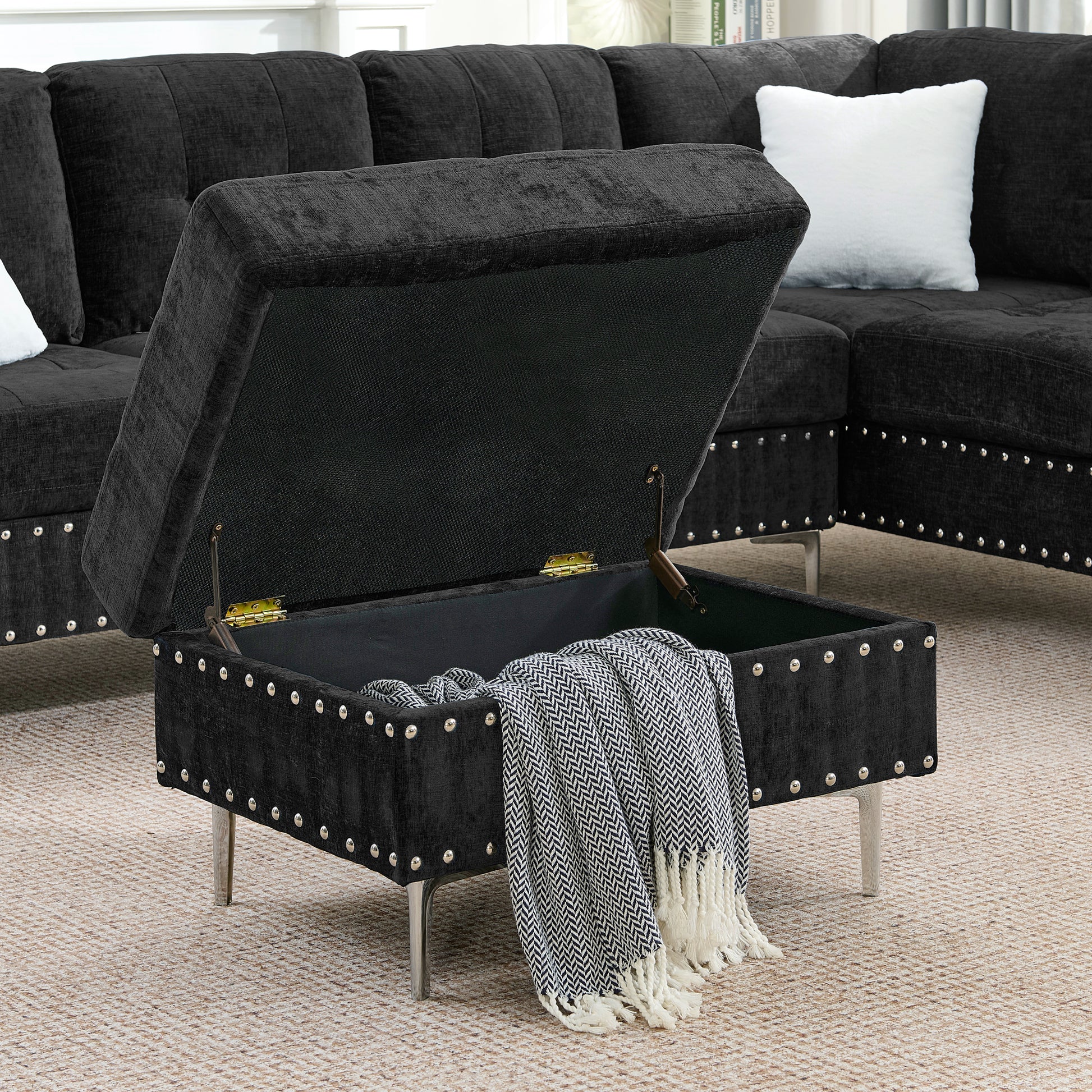 Sectional 3-Seaters Sofa with Chaise, Storage Ottoman, Metal Legs and Copper Nails,Two White Pillows,Black(102" x 76" x35") image 11