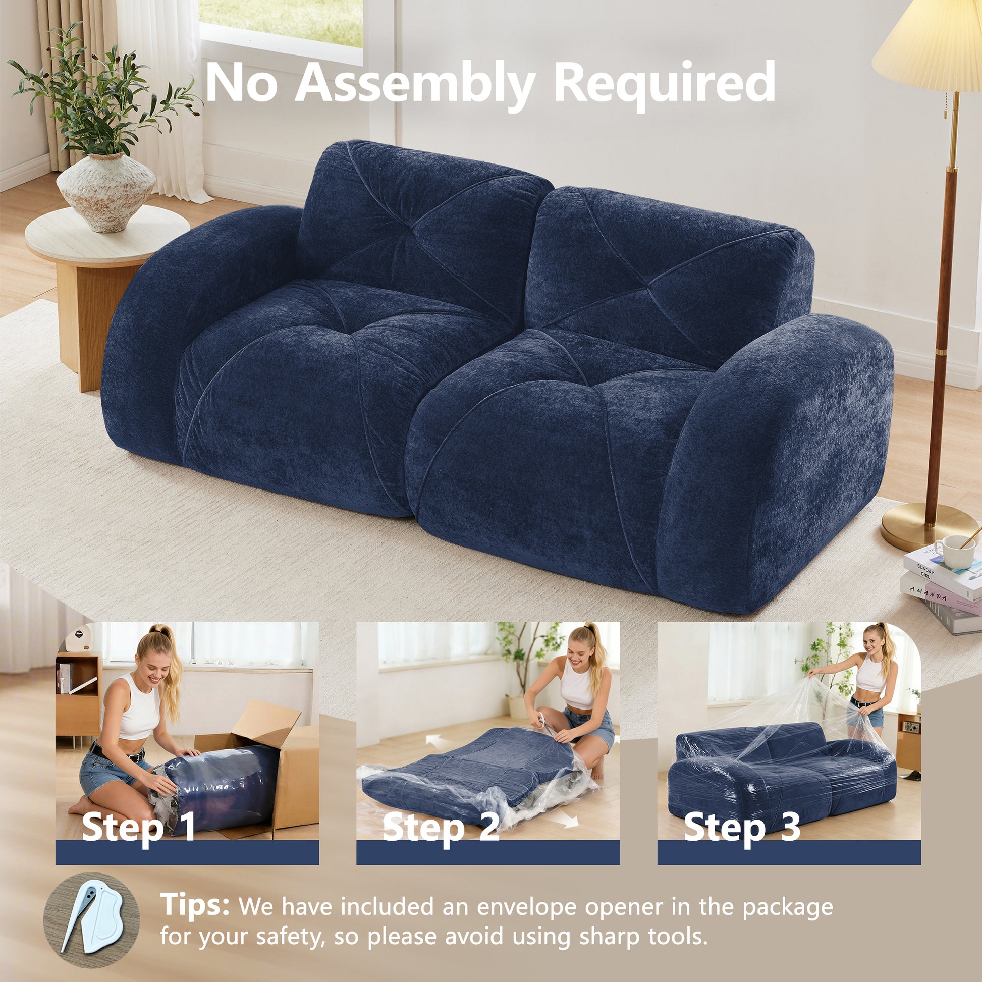 2-seater Tufted Sofa Couches With boneless Sofa,Soft Velvet Fabric,Bottom Anti-Slip Design,32D High Density Sponge,Ergonomic Design Bottom,No Assembly Required,Fits Living Rooms,Blue image 4