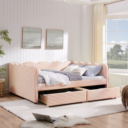 Queen Size Cozy Gingham Daybed with Two Storage Drawers, with USB Port and Adorable Wave Shaped, Linen Fabric image 4