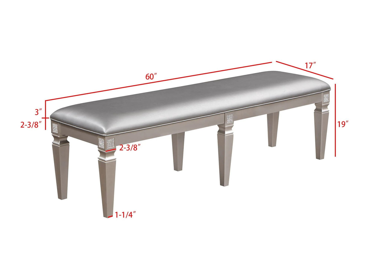 1-Pc Modern Glam Long Bench Upholstered Seat Sparkling Embellishments Silver Gray Finish Furniture Bedroom Living Room D image 4