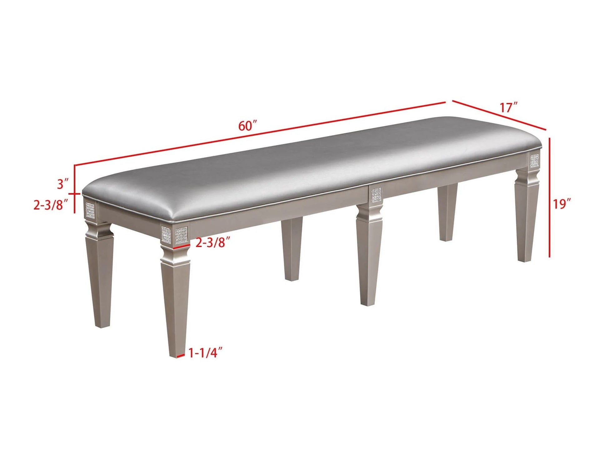1-Pc Modern Glam Long Bench Upholstered Seat Sparkling Embellishments Silver Gray Finish Furniture Bedroom Living Room D image 4