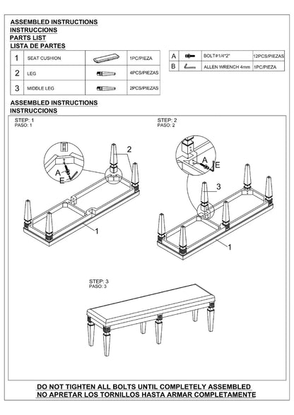 1-Pc Modern Glam Long Bench Upholstered Seat Sparkling Embellishments Silver Gray Finish Furniture Bedroom Living Room D image 6