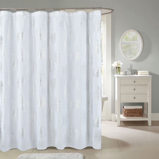 Glitter foil palm tree leaf shower curtain in white and silver - modern tropical bathroom decor