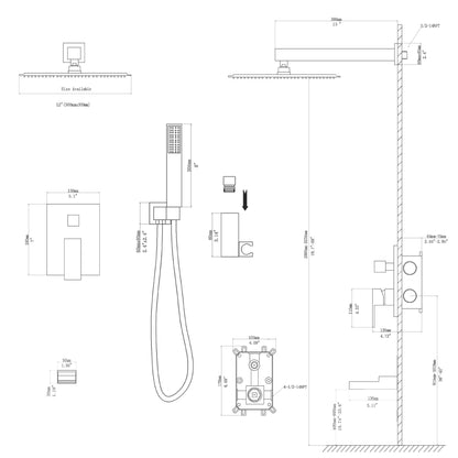 10 in./12 in. Wall Mount Square All-in-one High Pressure Rainfall Shower Head with Brass Handheld Spray and Stainless St image 18