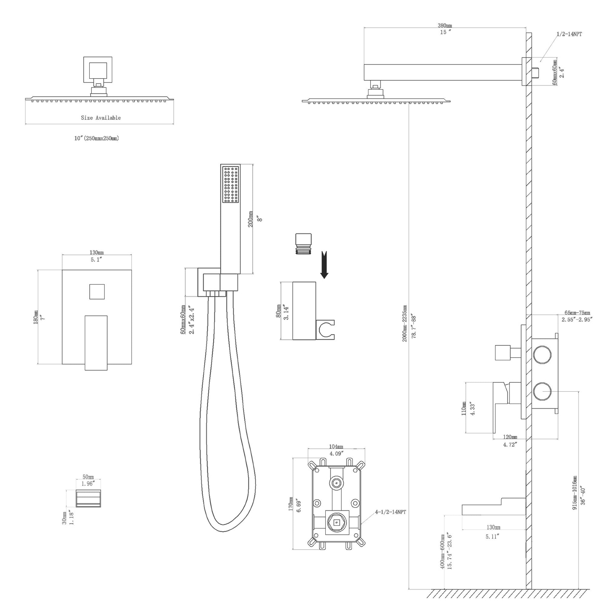 10 in./12 in. Wall Mount Square All-in-one High Pressure Rainfall Shower Head with Brass Handheld Spray and Stainless St image 9