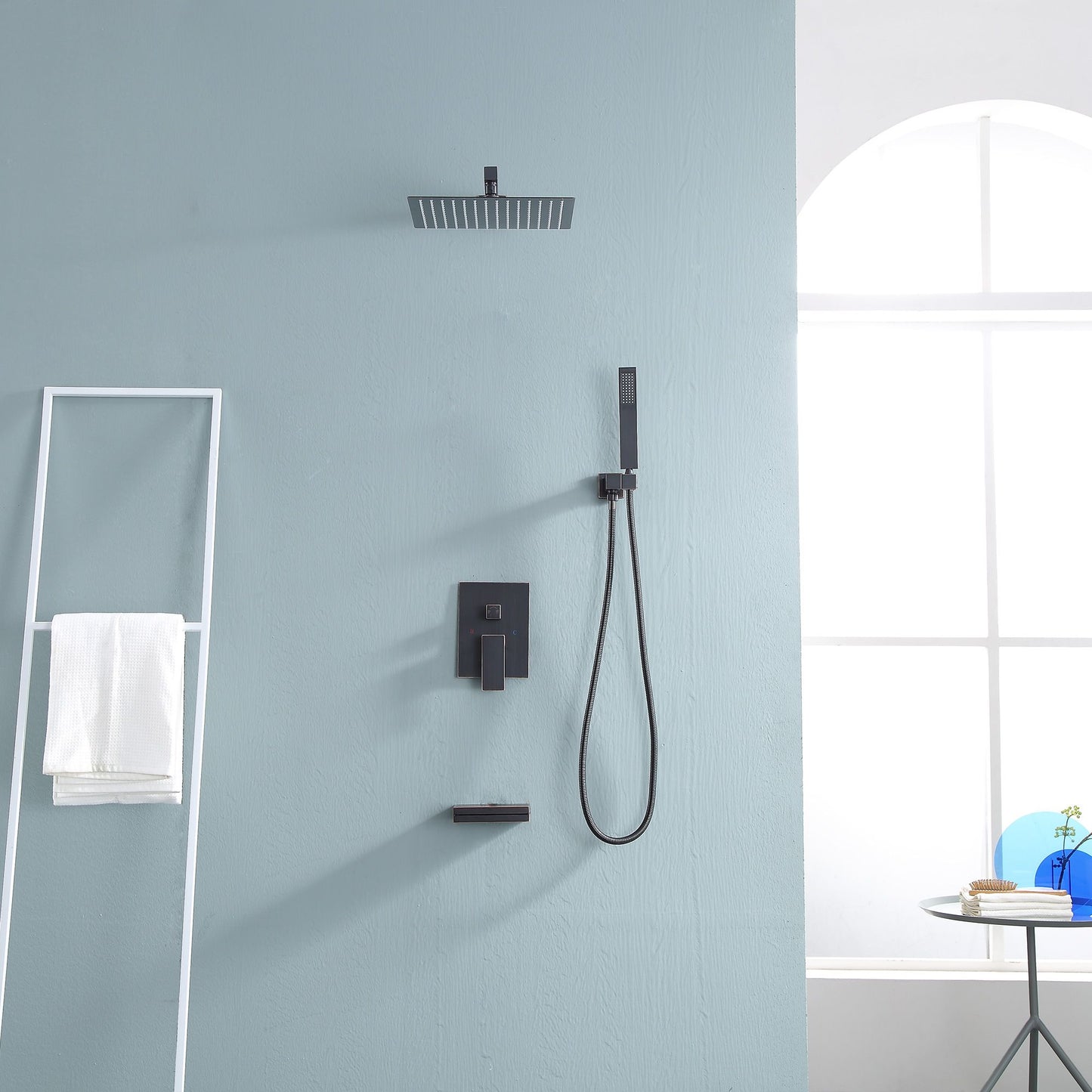10 in./12 in. Wall Mount Square All-in-one High Pressure Rainfall Shower Head with Brass Handheld Spray and Stainless St image 11