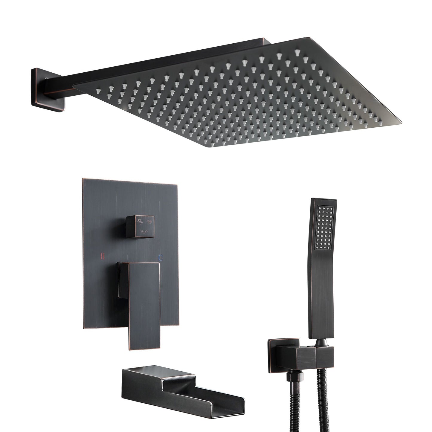 10 in./12 in. Wall Mount Square All-in-one High Pressure Rainfall Shower Head with Brass Handheld Spray and Stainless St image 5
