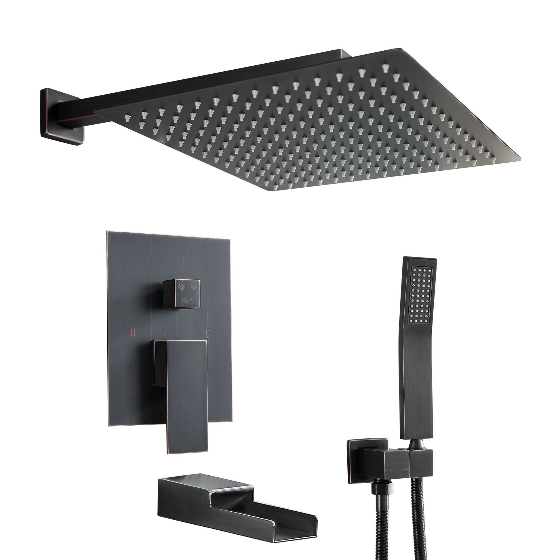 10 in./12 in. Wall Mount Square All-in-one High Pressure Rainfall Shower Head with Brass Handheld Spray and Stainless St image 5