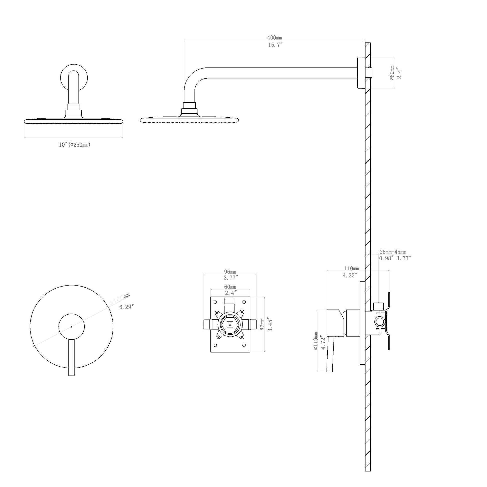 10-inch Round High Pressure Rain Wall Mount Concealed Shower Head whit Brass Shower Arm image 7