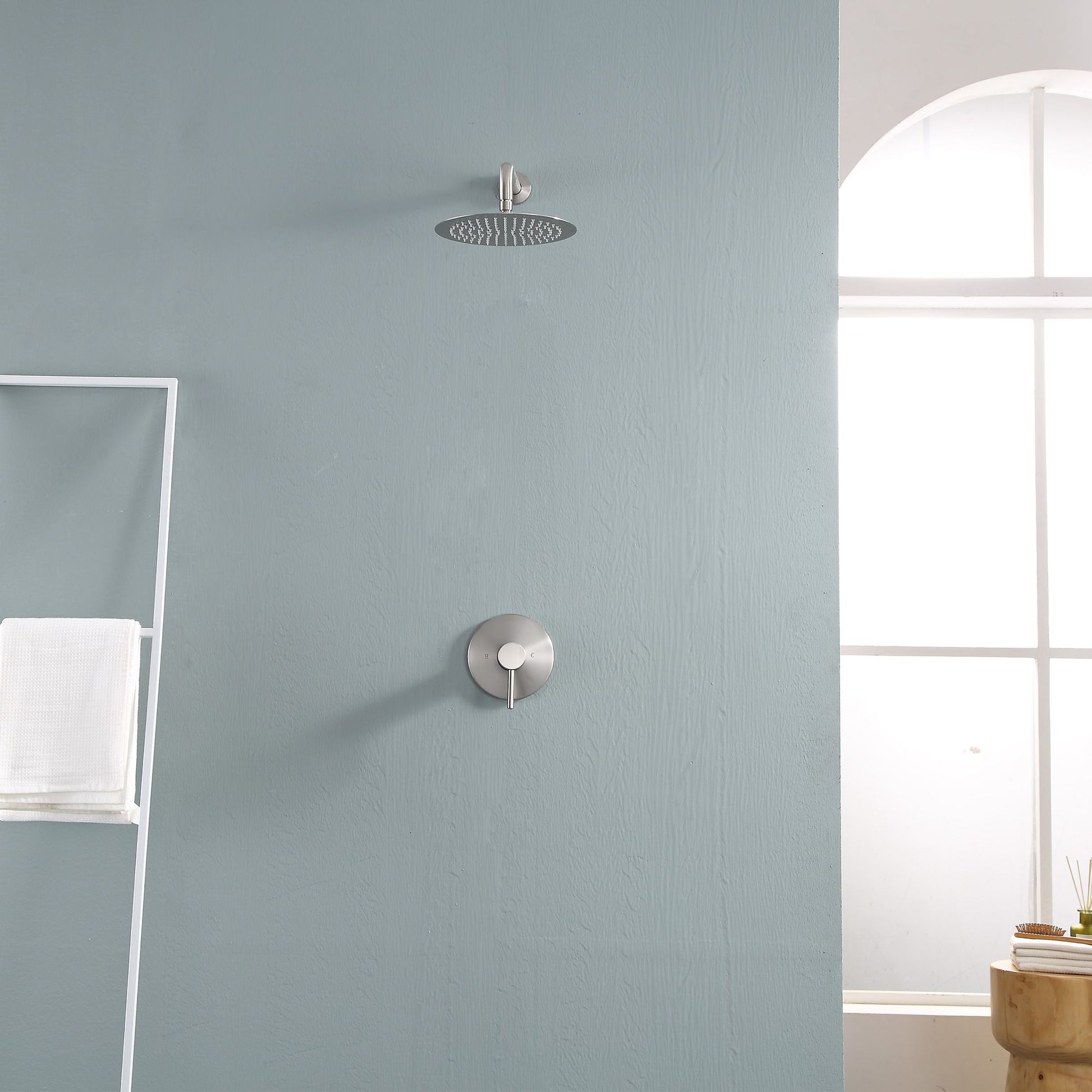 10-inch Round High Pressure Rain Wall Mount Concealed Shower Head whit Brass Shower Arm image 2