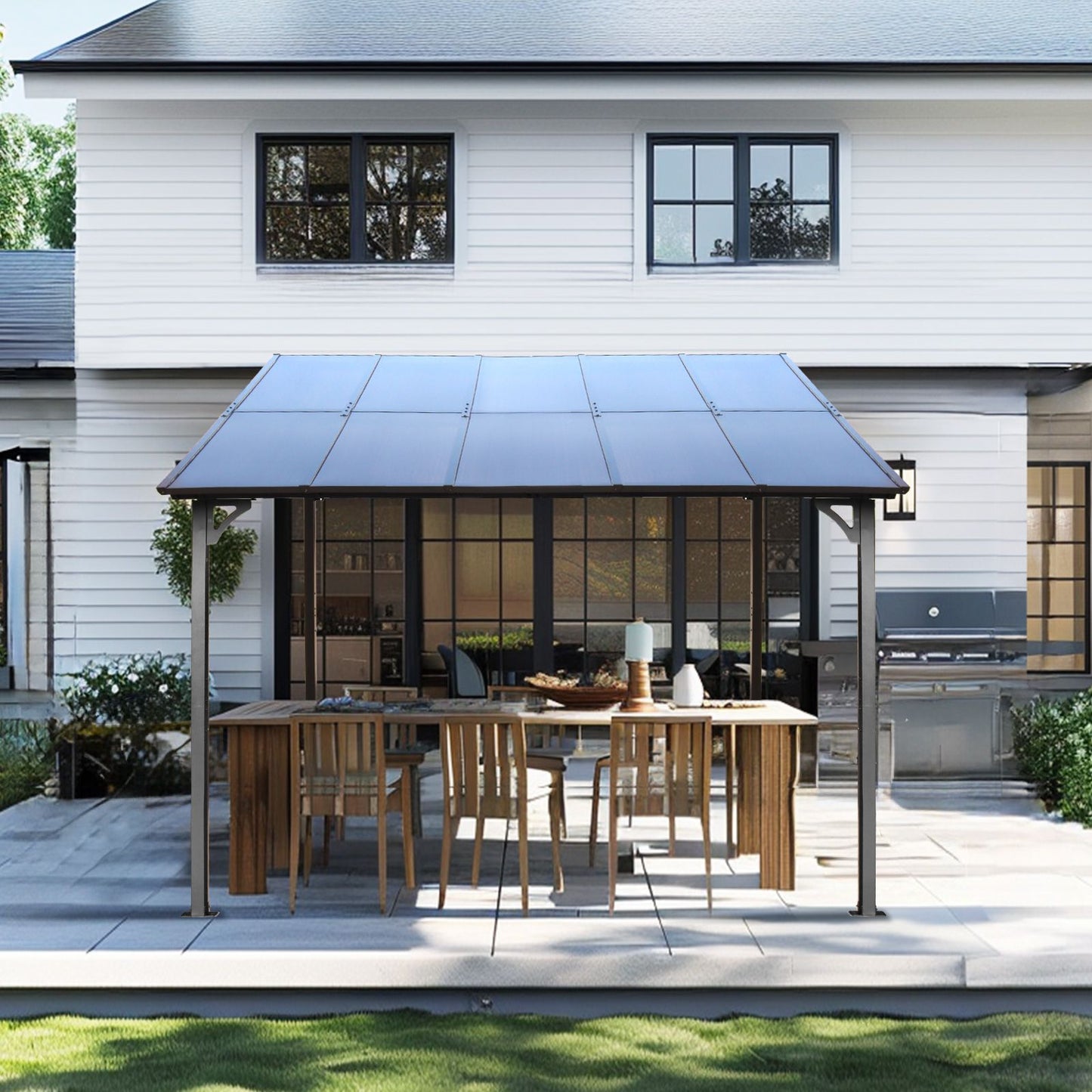 10' x 10' Outdoor Pergola Gazebo,Wall-Mounted Lean to Metal Awning Gazebo with Roof,Large Heavy Duty for Patio,Decks,Bac image 3