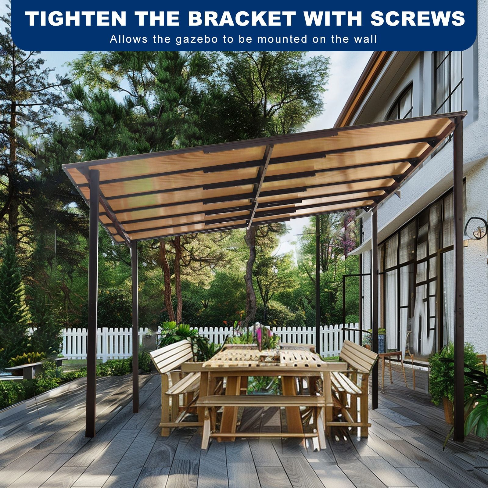 10' x 12' Outdoor Pergola Gazebo,Wall-Mounted Lean to Metal Awning Gazebo with Roof,Large Heavy Duty for Patio,Decks,Bac image 5
