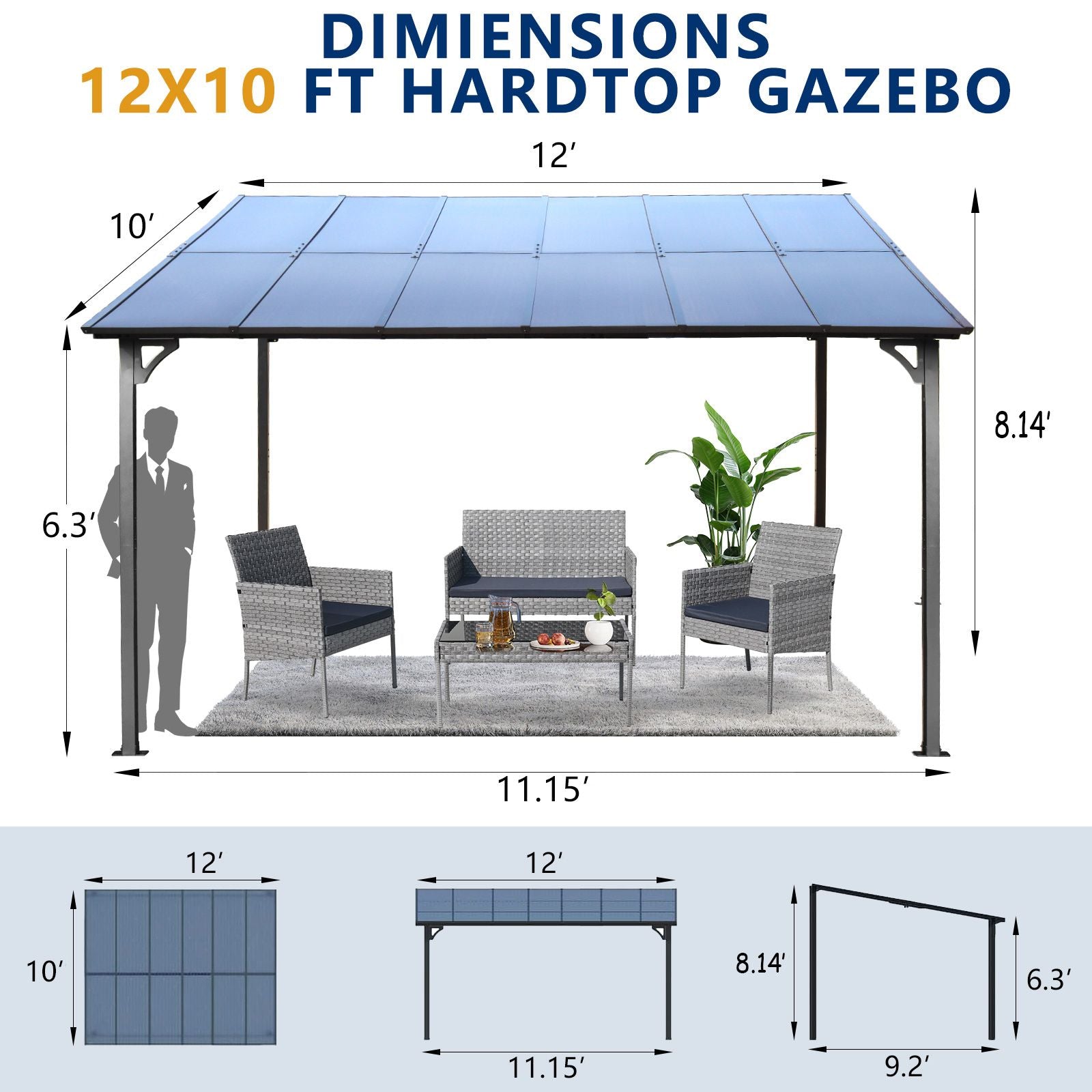 10' x 12' Outdoor Pergola Gazebo,Wall-Mounted Lean to Metal Awning Gazebo with Roof,Large Heavy Duty for Patio,Decks,Bac image 4