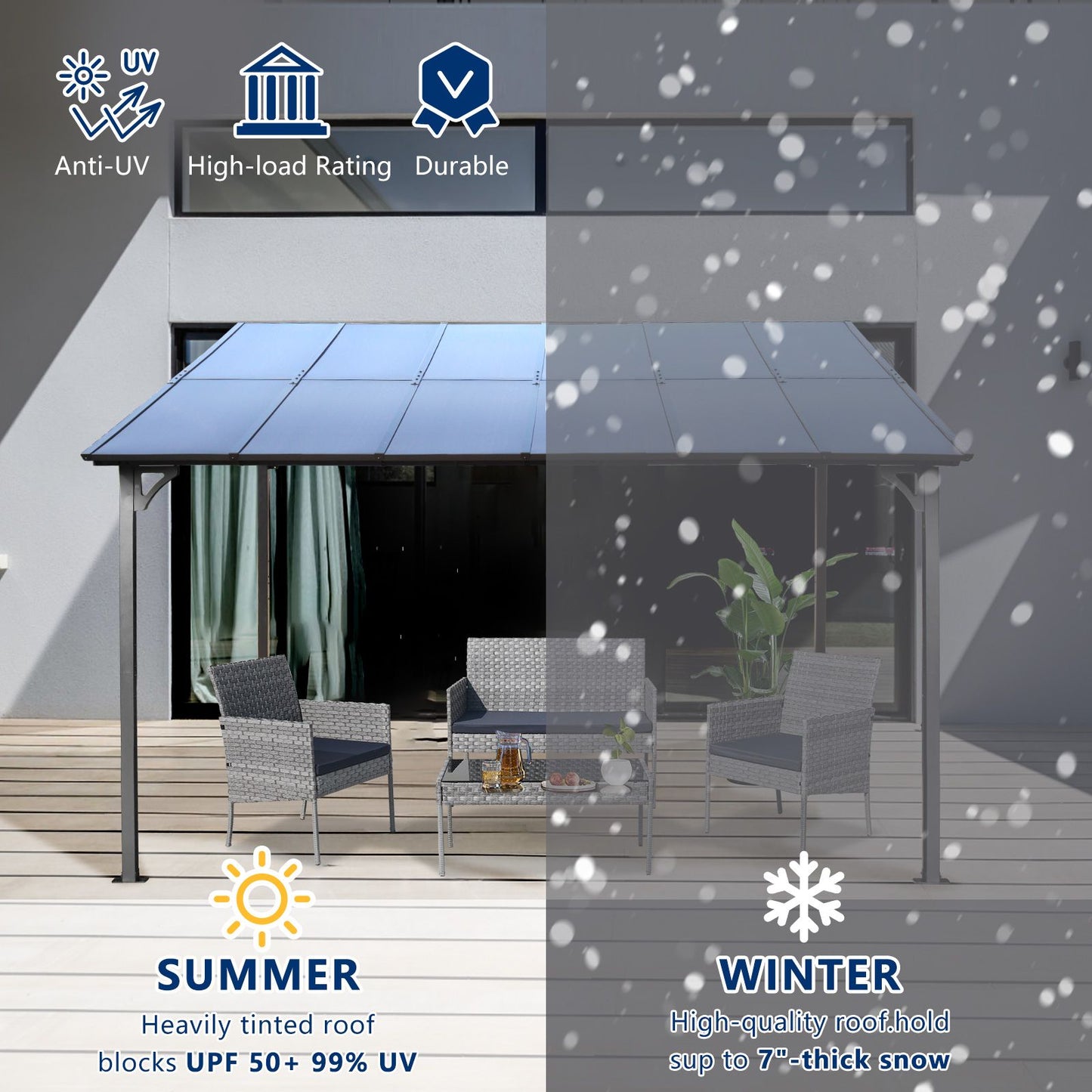 10' x 12' Outdoor Pergola Gazebo,Wall-Mounted Lean to Metal Awning Gazebo with Roof,Large Heavy Duty for Patio,Decks,Bac image 3