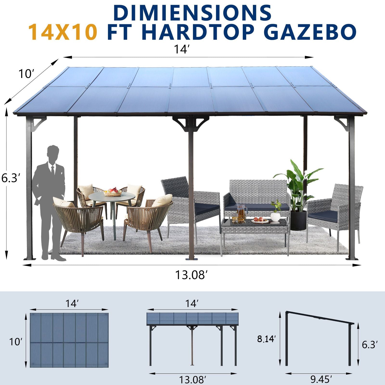 10' x 14' Outdoor Pergola Gazebo,Wall-Mounted Lean to Metal Awning Gazebo with Roof,Large Heavy Duty for Patio,Decks,Bac image 3