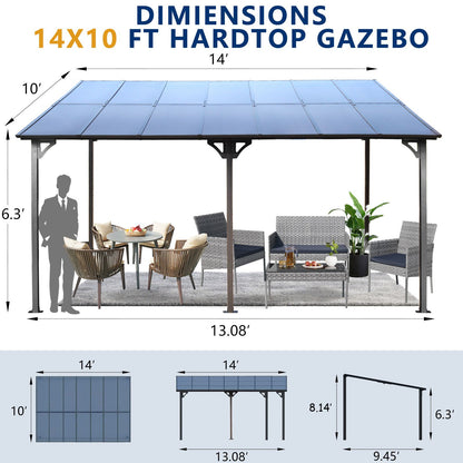 10' x 14' Outdoor Pergola Gazebo,Wall-Mounted Lean to Metal Awning Gazebo with Roof,Large Heavy Duty for Patio,Decks,Bac image 3