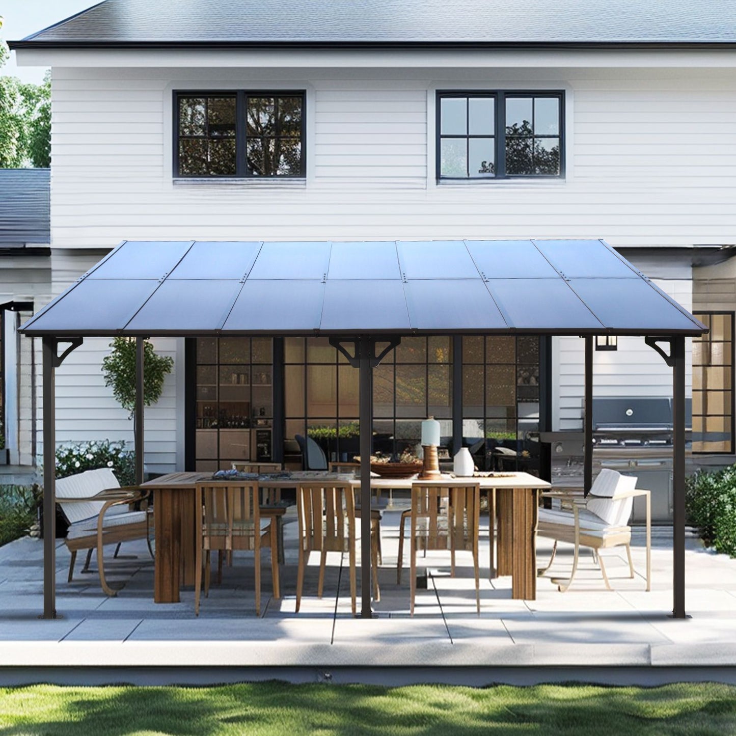 10' x 14' Outdoor Pergola Gazebo,Wall-Mounted Lean to Metal Awning Gazebo with Roof,Large Heavy Duty for Patio,Decks,Bac image 1