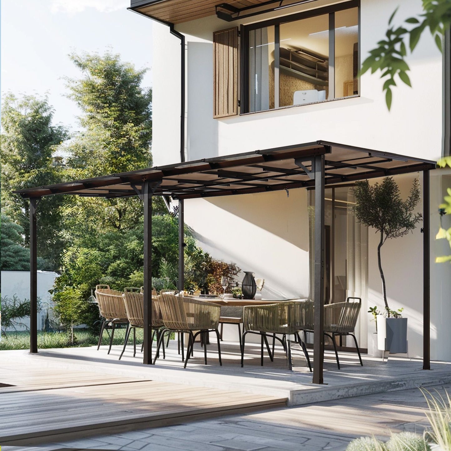 10' x 14' Outdoor Pergola Gazebo,Wall-Mounted Lean to Metal Awning Gazebo with Roof,Large Heavy Duty for Patio,Decks,Bac image 2