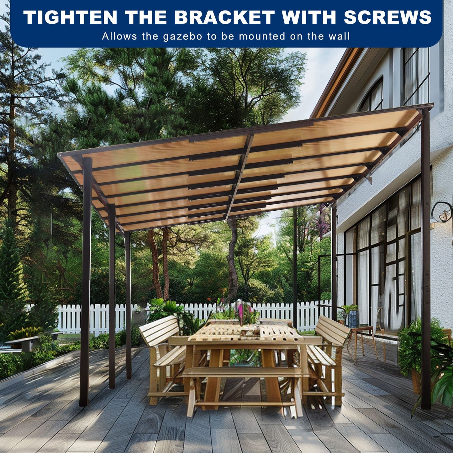 10' x 14' Outdoor Pergola Gazebo,Wall-Mounted Lean to Metal Awning Gazebo with Roof,Large Heavy Duty for Patio,Decks,Bac image 4