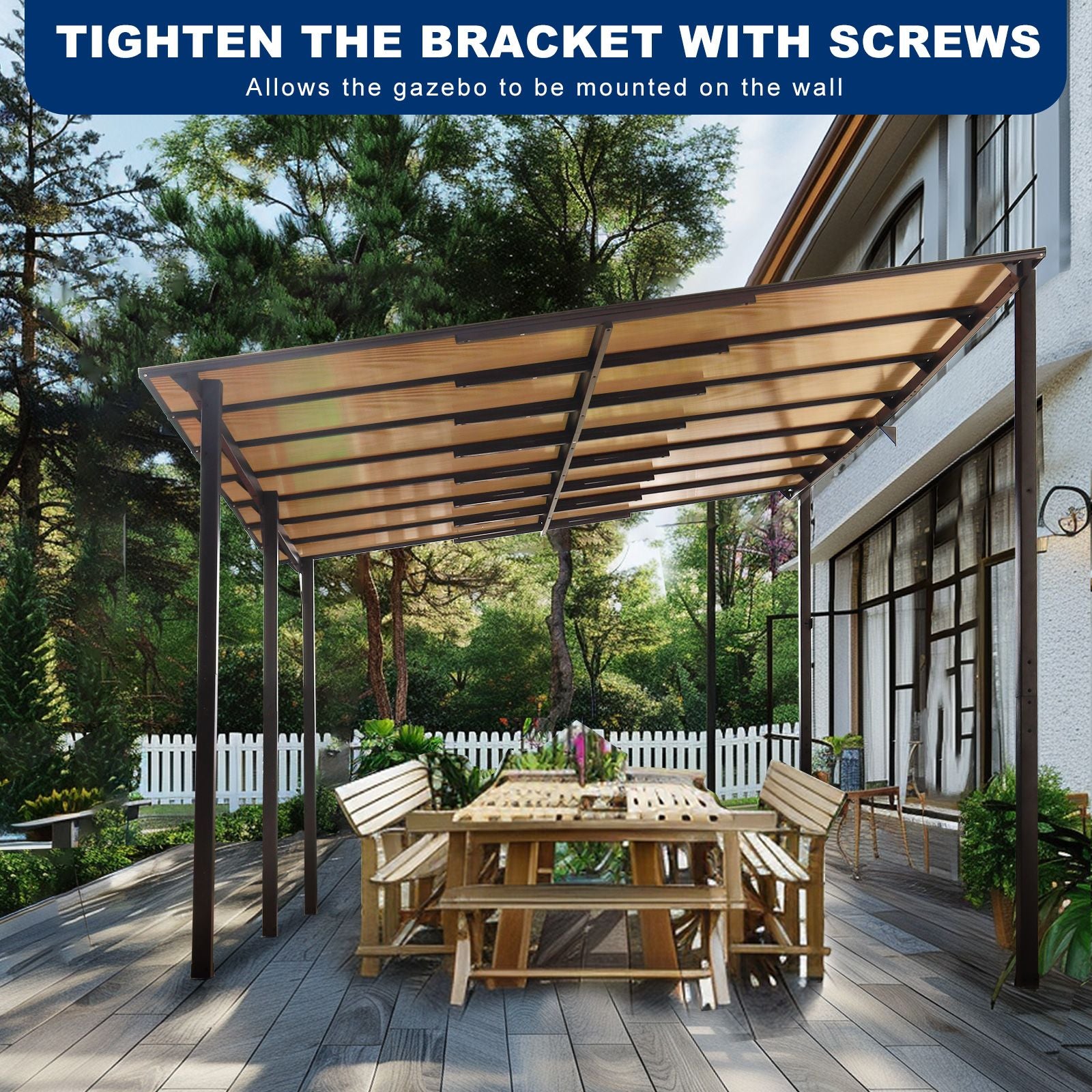10' x 14' Outdoor Pergola Gazebo,Wall-Mounted Lean to Metal Awning Gazebo with Roof,Large Heavy Duty for Patio,Decks,Bac image 4