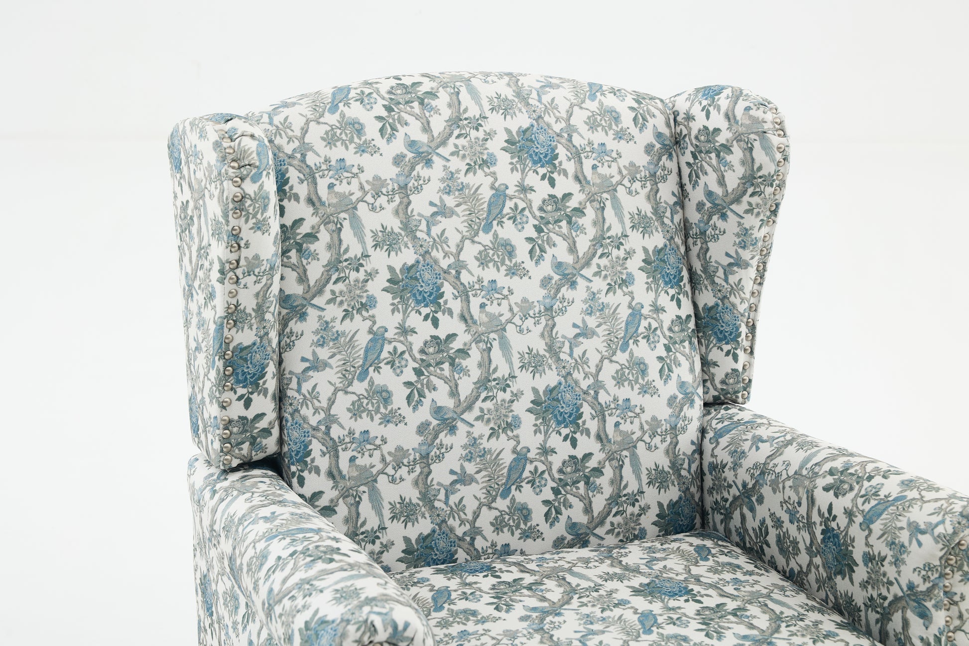 Modern Accent Chair with Retro Wood Legs, Comfy Upholstered Armchair, Floral Design Single Sofa Chair for Living Room Bedroom Office - Blue Bird image 10
