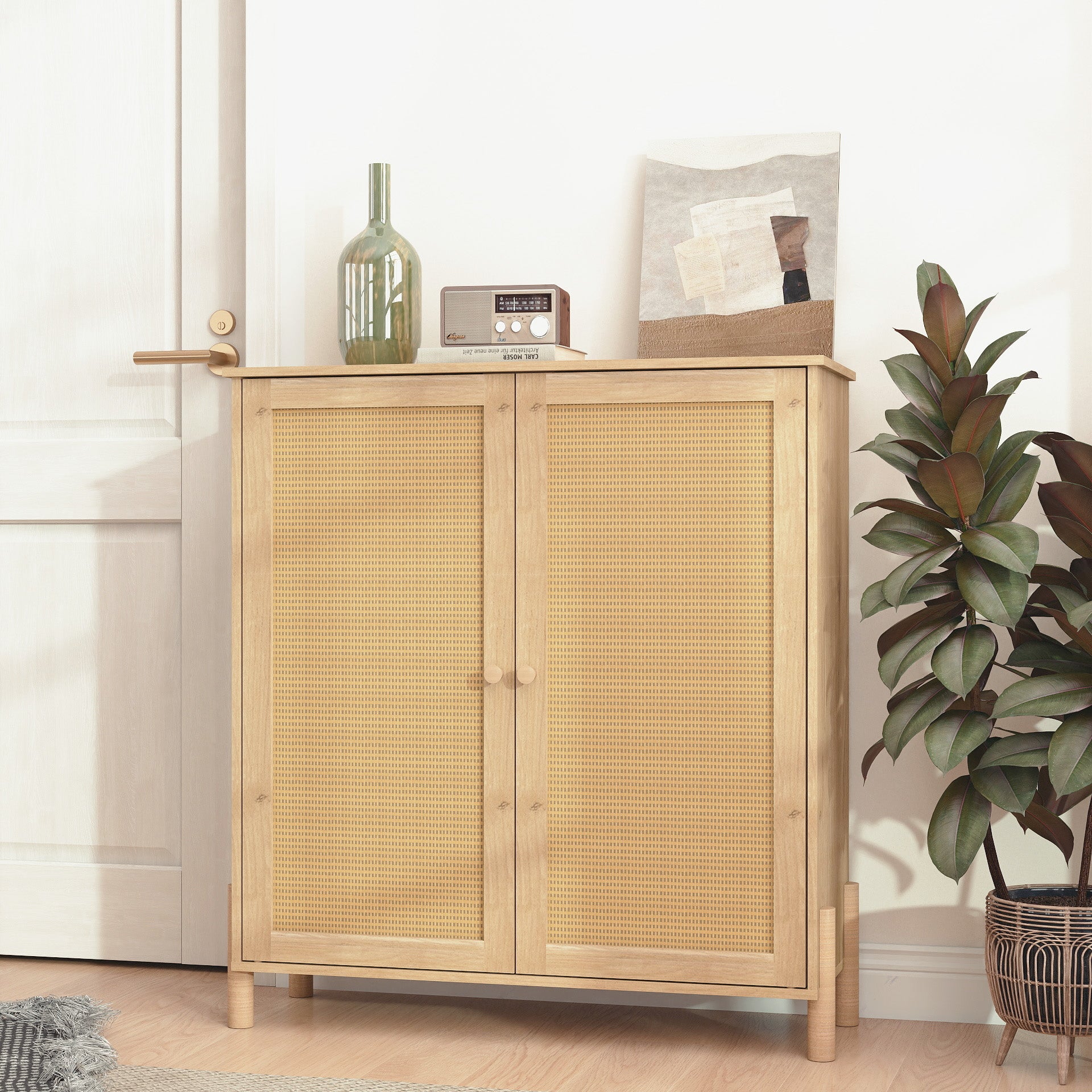 Mid-Century Modern Storage Cabinet with Woven Rattan Doors & Adjustable Shelves - Perfect for Living Room & Dining Room image 5