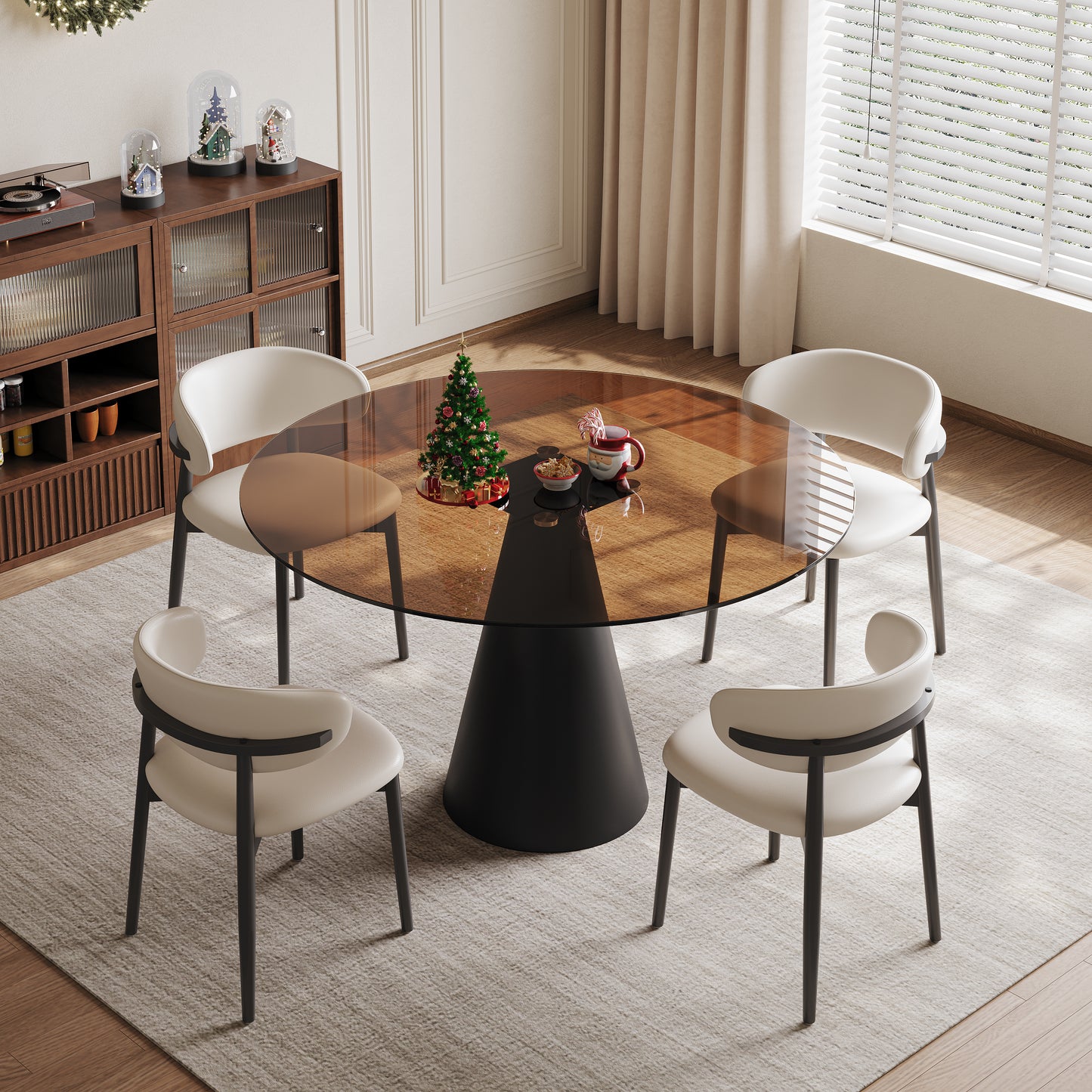 35-inch round glass dining table, with tempered glass tabletop and carbon steel legs. Suitable for 2-4 people. Dark brown small round dining table, suitable for restaurants and apartments. (4 chair) image 1