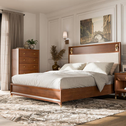 Mid-Century Modern Beautiful 1pc Queen Size Bed Walnut Solid wood Upholstered HB w Reading Light Bedroom Furniture image 4