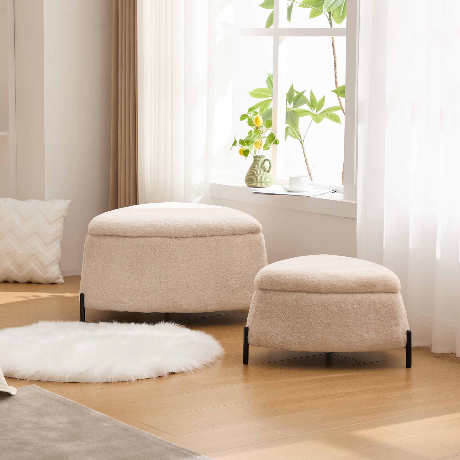 29.9"Wide 2 - Piece Upholstered Storage Ottoman Set Footrest Shoe Changing Stool with Metal Legs,Faux Fur Foot Stool Coffee Side Table With Reversible Lid for Living Room Bedroom Entryway. Light Camel image 1